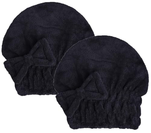 Microfiber Hair Drying Towels Head wrap with Bow-Knot Shower Cap Hair Turban hairWrap Bath Cap for Curly Long & Wet Hair Gift for Women Blackx2