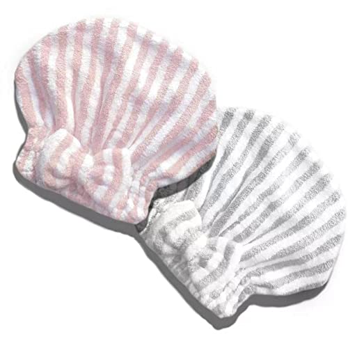 Microfiber Hair Towel Cap,Soft Absorbent Quick Drying Cap for Curly Thick Hair, Wrap Cap with Hair Brush for Women Girls (Pink&Gray White, 2)