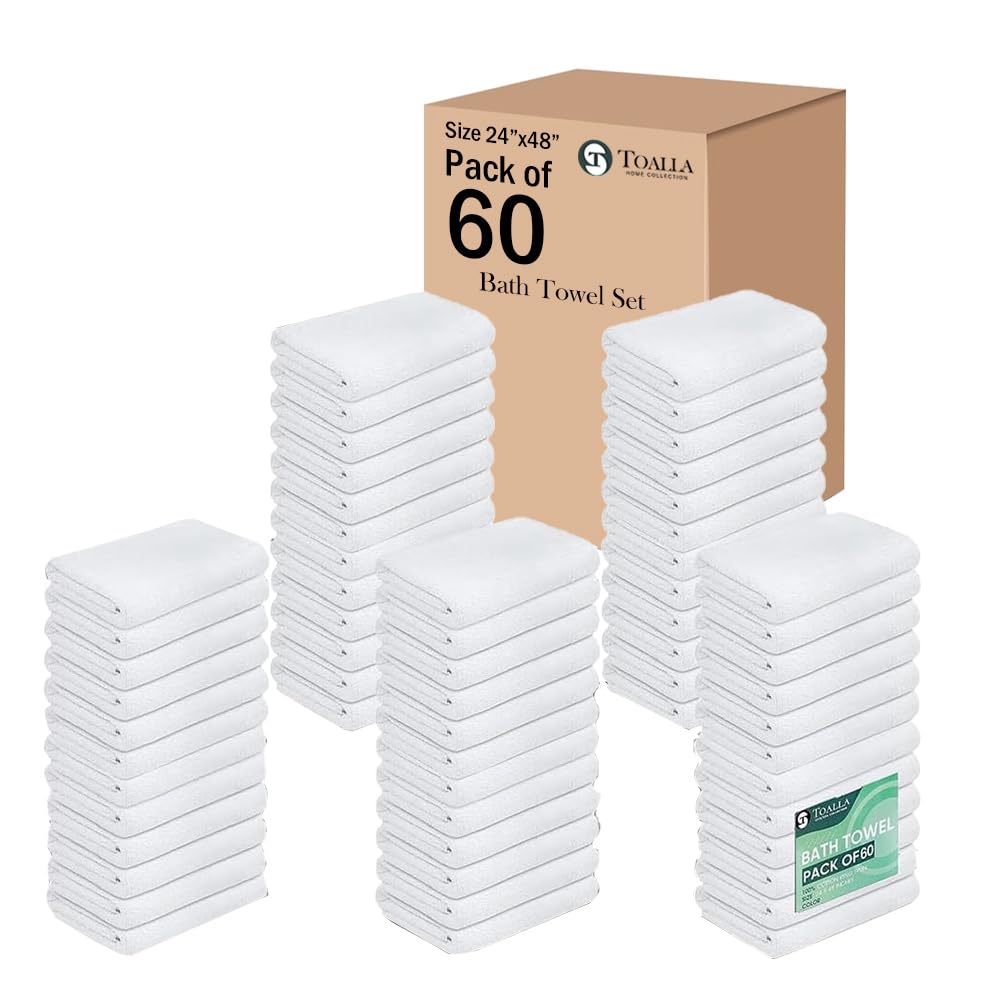 12 Pack White 100% Cotton Bath Towels, 20x40 Inches, Lightweight, Quick Drying, Commercial Grade, Gym, Salon, Spa & Hair