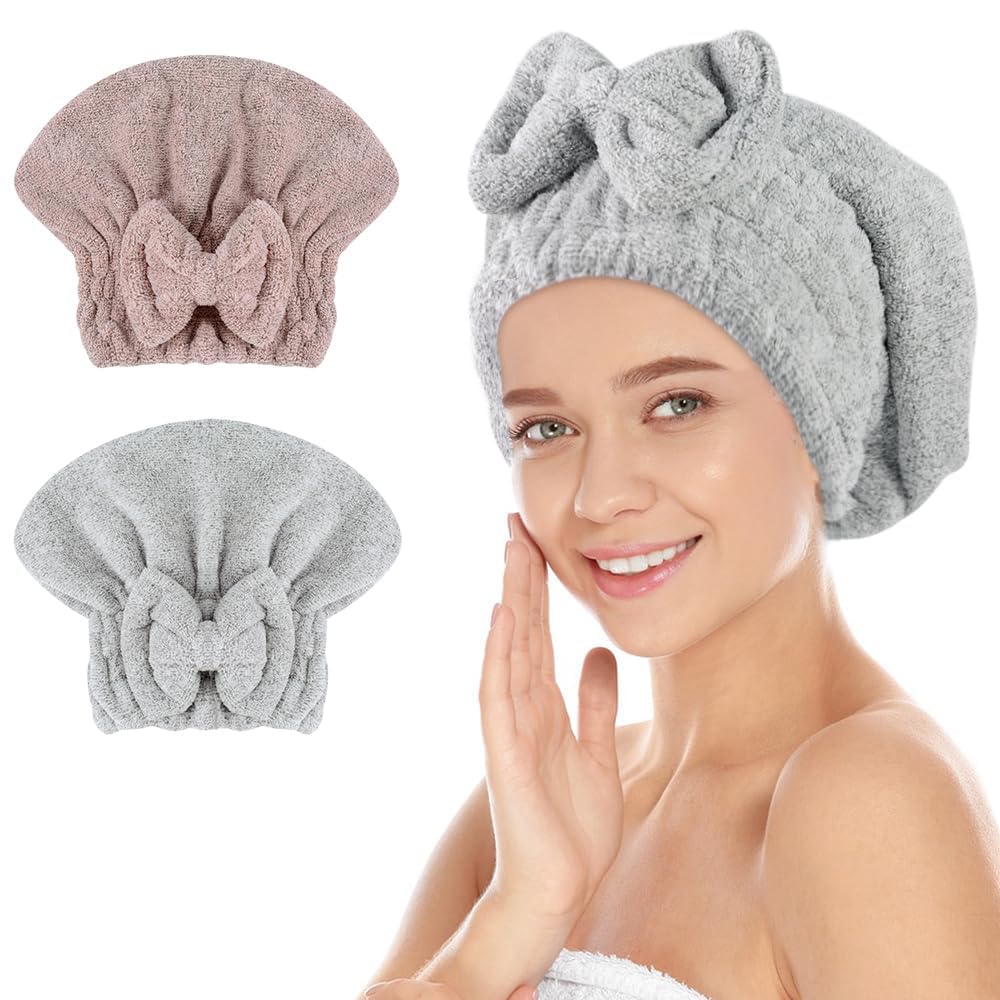 SUNLAND Large Microfiber Hair Drying Caps with Bow Knot 2 Pack Lightpurple
