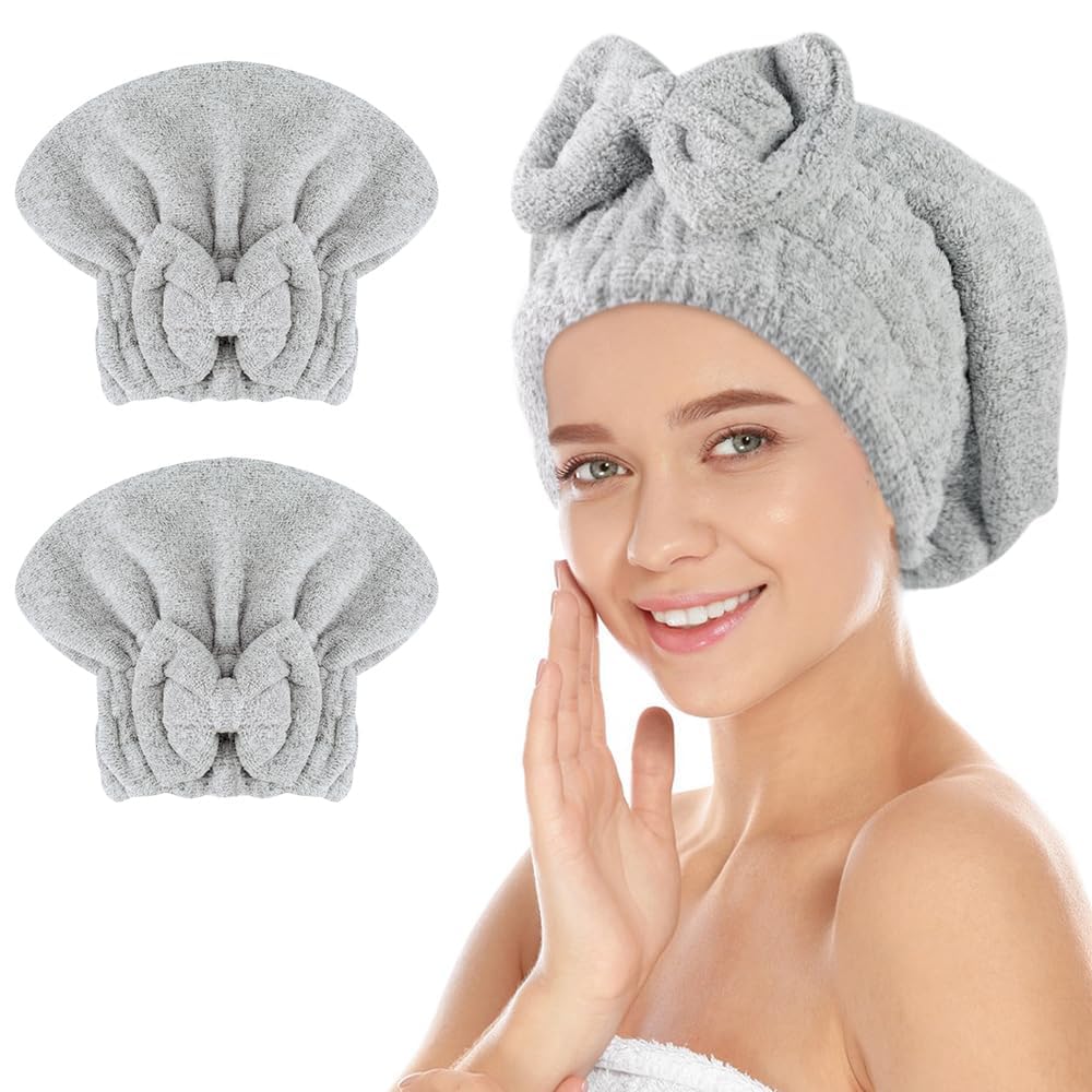 SUNLAND Large Microfiber Hair Drying Caps with Bow Knot 2 Pack Lightpurple