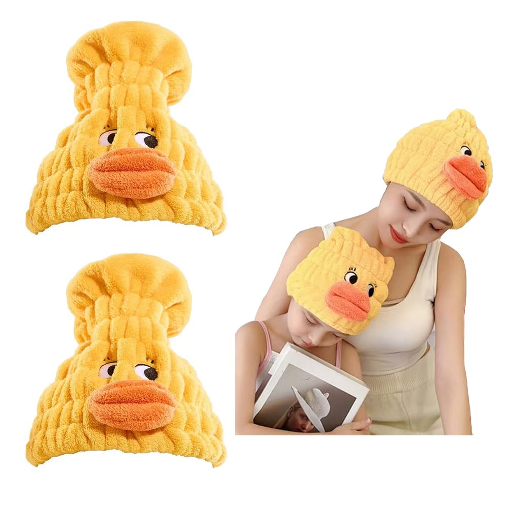 2-Pack Ultra Absorbent Boys Duck Hair Dry Wrap Towel, Cute Animal Quick Drying Cap for Kids, New Microfiber Hair Towel Wrap Dry Turban Soft Plopping Head Towels Shower Cap