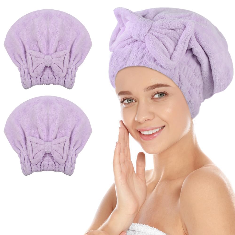 SUNLAND Large Microfiber Hair Drying Caps with Bow Knot 2 Pack Lightpurple