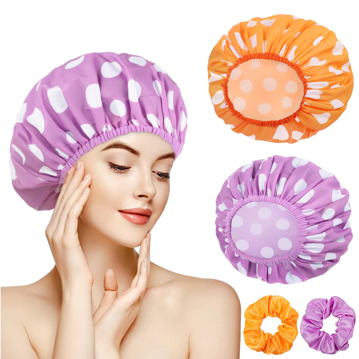 WSICSE 2 Packs Large Shower Caps for Women, Reusable Waterproof Shower Cap Bath Caps with Hair Scrunchies for Long Thick Hair (Blue/Green)