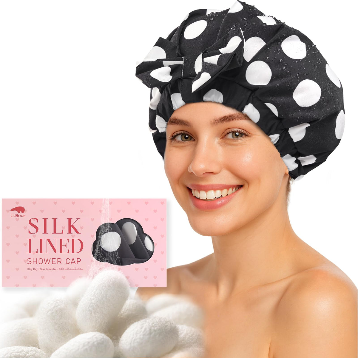 LitBear Luxury Silk Lined Shower Caps for Women Reusable Waterproof