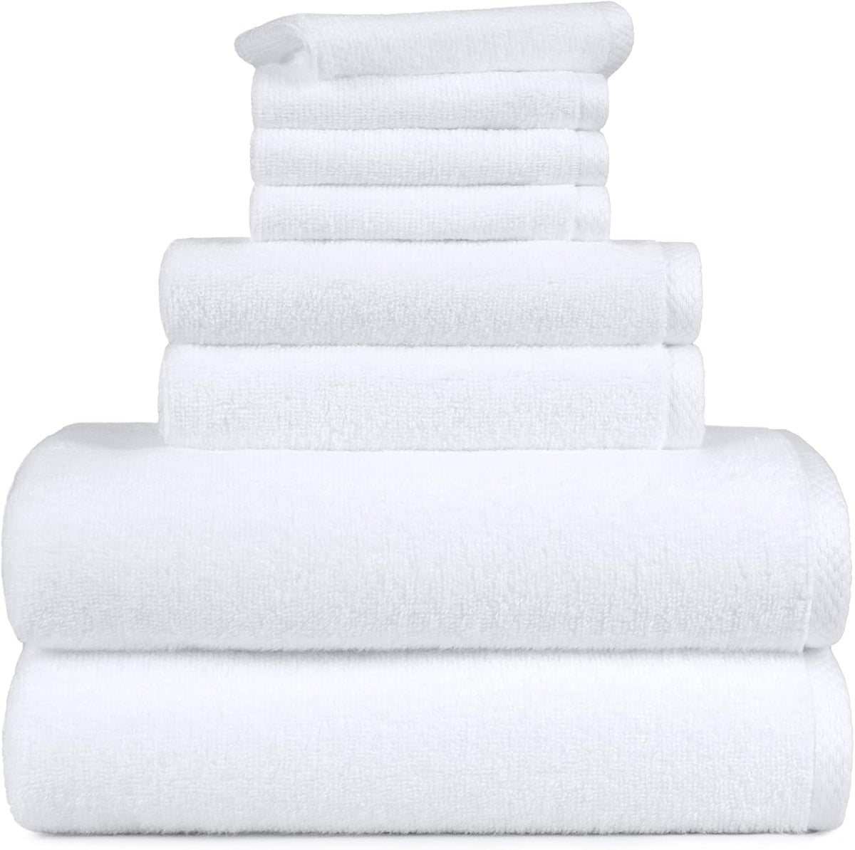 Amazon Basics 100% Cotton Soft Quick-Dry 8-Piece Towel Set, Bath Towels, Hand Towels, Washcloths, White, Compact & Lightweight