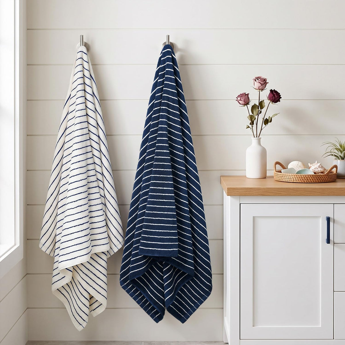 Navy Blue Bath Towels Set of 2, Striped Towels for Bathroom, Pool & Shower