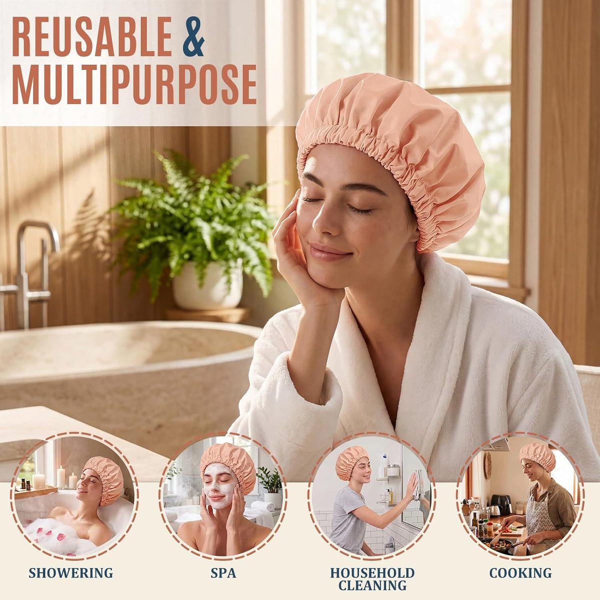 Shower Cap for Women, Reusable Waterproof Long Hair Bonnet