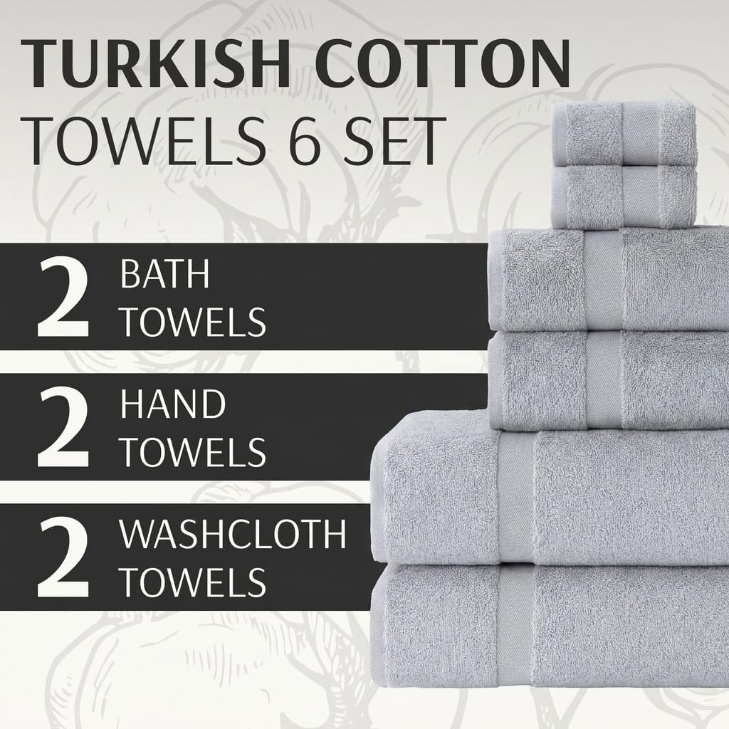 Luxury Turkish Towels Set of 6,Double Stitched 100% Cotton True 600 GSM Soft & Absorbent Towel Set, Hotel & Spa Collection, 2 Bath Towels 2 Hand Towel 2 Washcloths Towel (Gray)