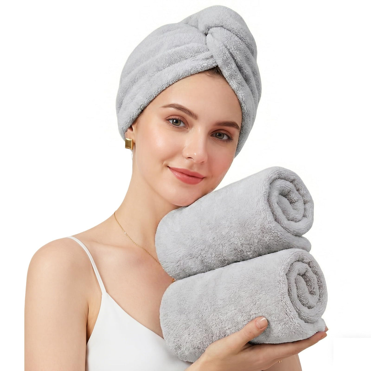 Mandydov 100% Cotton Hair Towel Wrap for Women, 2 Pack Thickened & Super Absorbent Turbans, Anti Frizz Quick Dry Hair Towels (White)