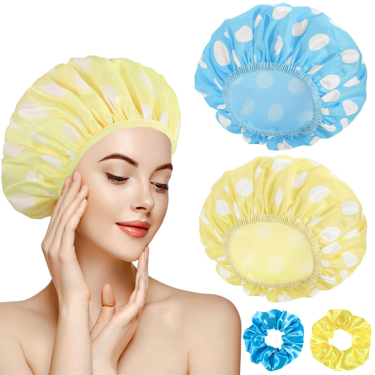 WSICSE 2 Packs Large Shower Caps for Women, Reusable Waterproof Shower Cap Bath Caps with Hair Scrunchies for Long Thick Hair (Blue/Green)