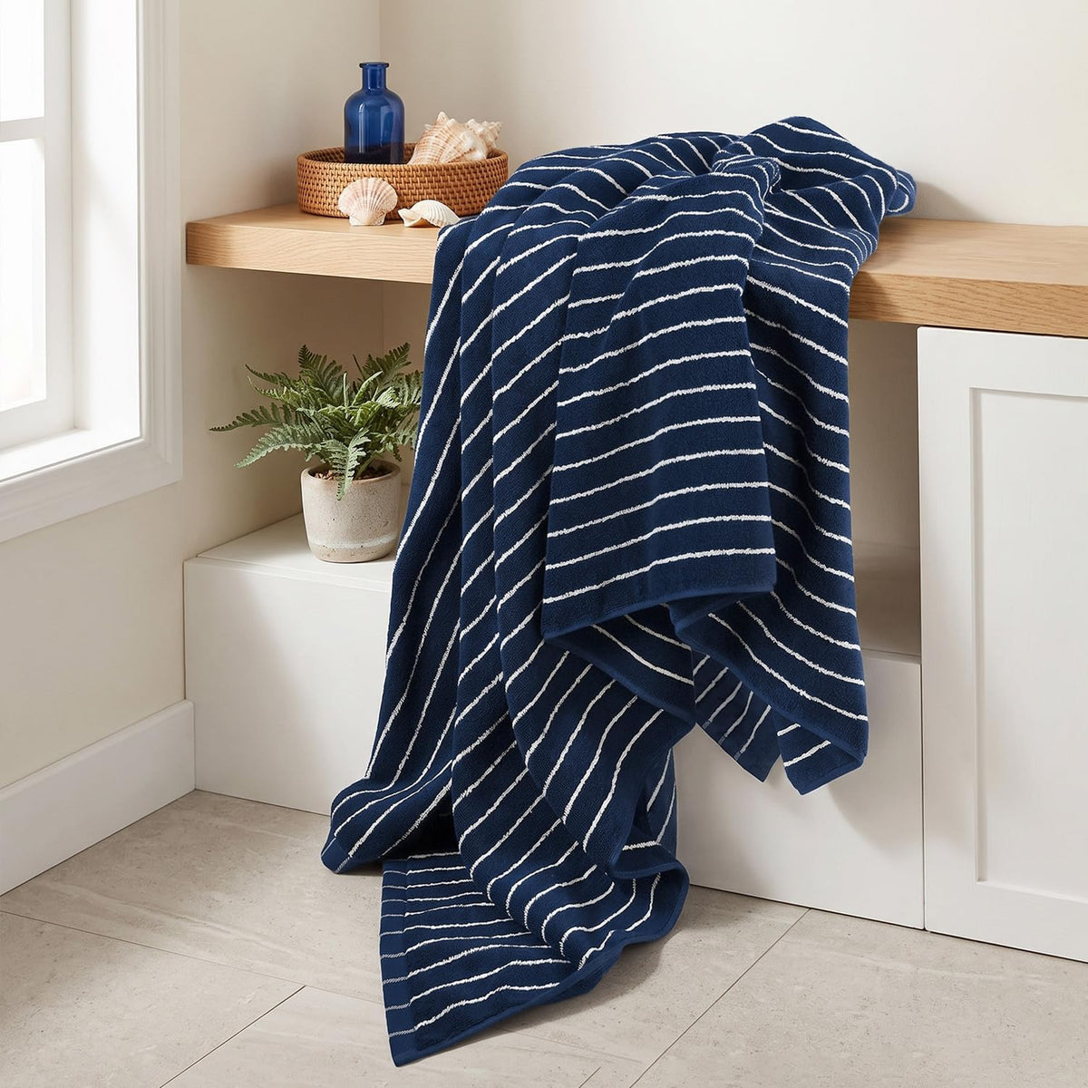Navy Blue Bath Towels Set of 2, Striped Towels for Bathroom, Pool & Shower