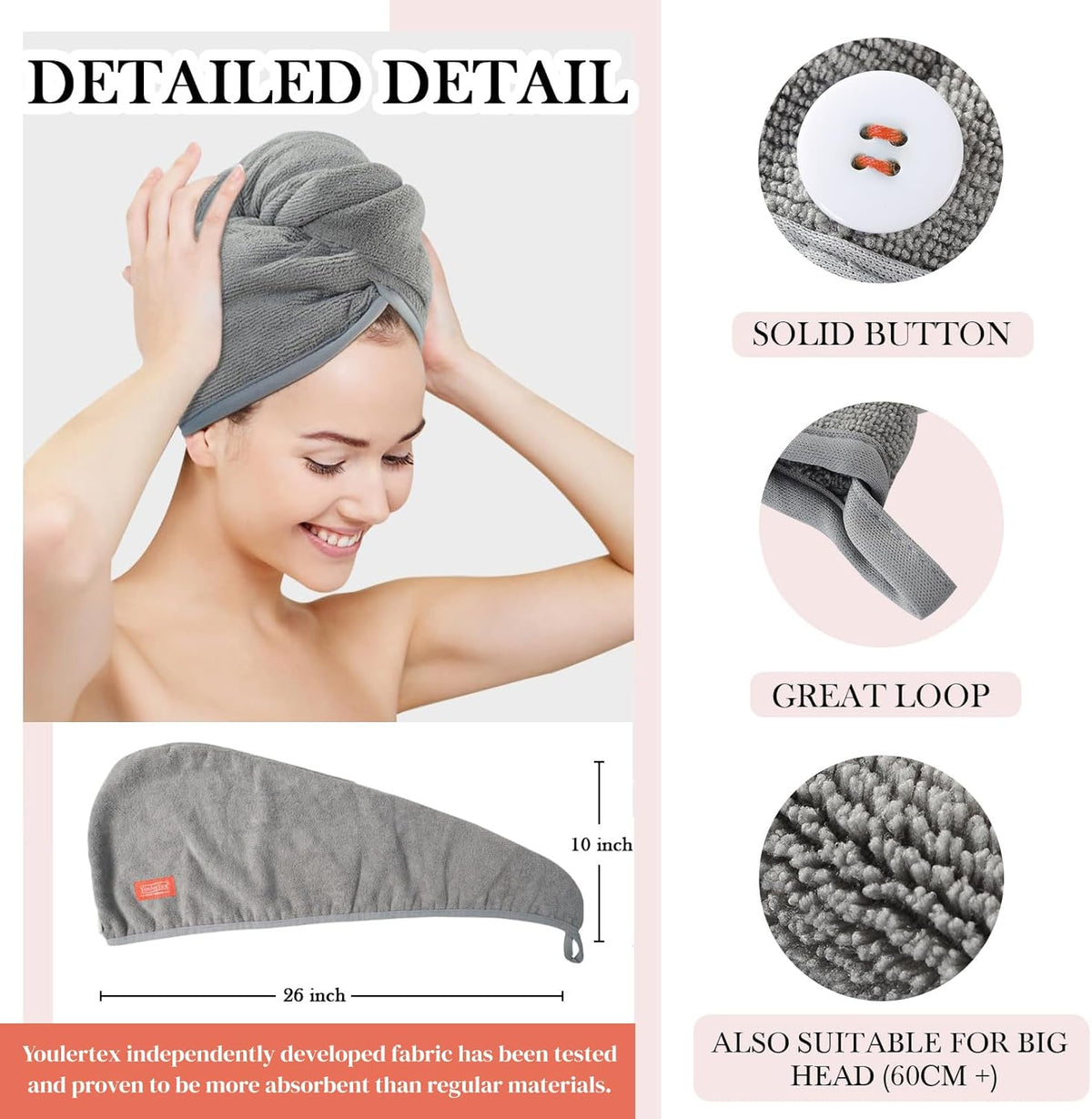 Microfiber Hair Towel Hair Wrap: 2 Pcs 10X26 Hair Dryer Women (White Beige)