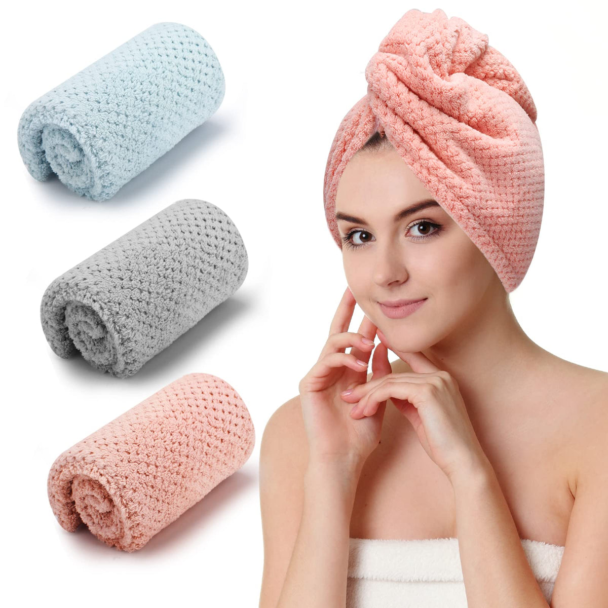 CZZXI 3 PCS Microfiber Hair Towel, Hair Wraps for Women Wet Hair, Fast Drying Hair Turban, Anti Frizz Head Towels Wrap for Curly Hair (Purple, Pink, Blue)