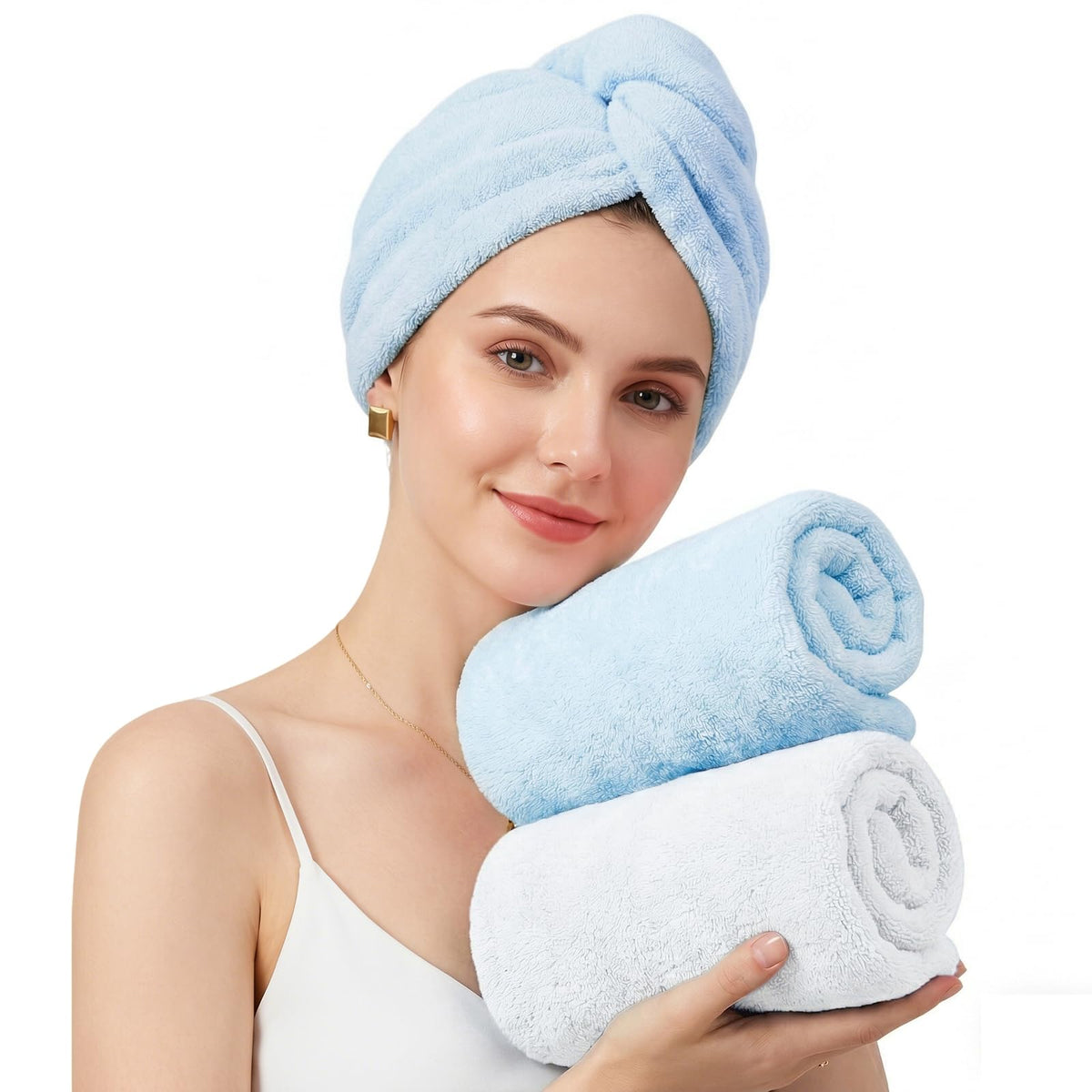 Mandydov 100% Cotton Hair Towel Wrap for Women, 2 Pack Thickened & Super Absorbent Turbans, Anti Frizz Quick Dry Hair Towels (White)