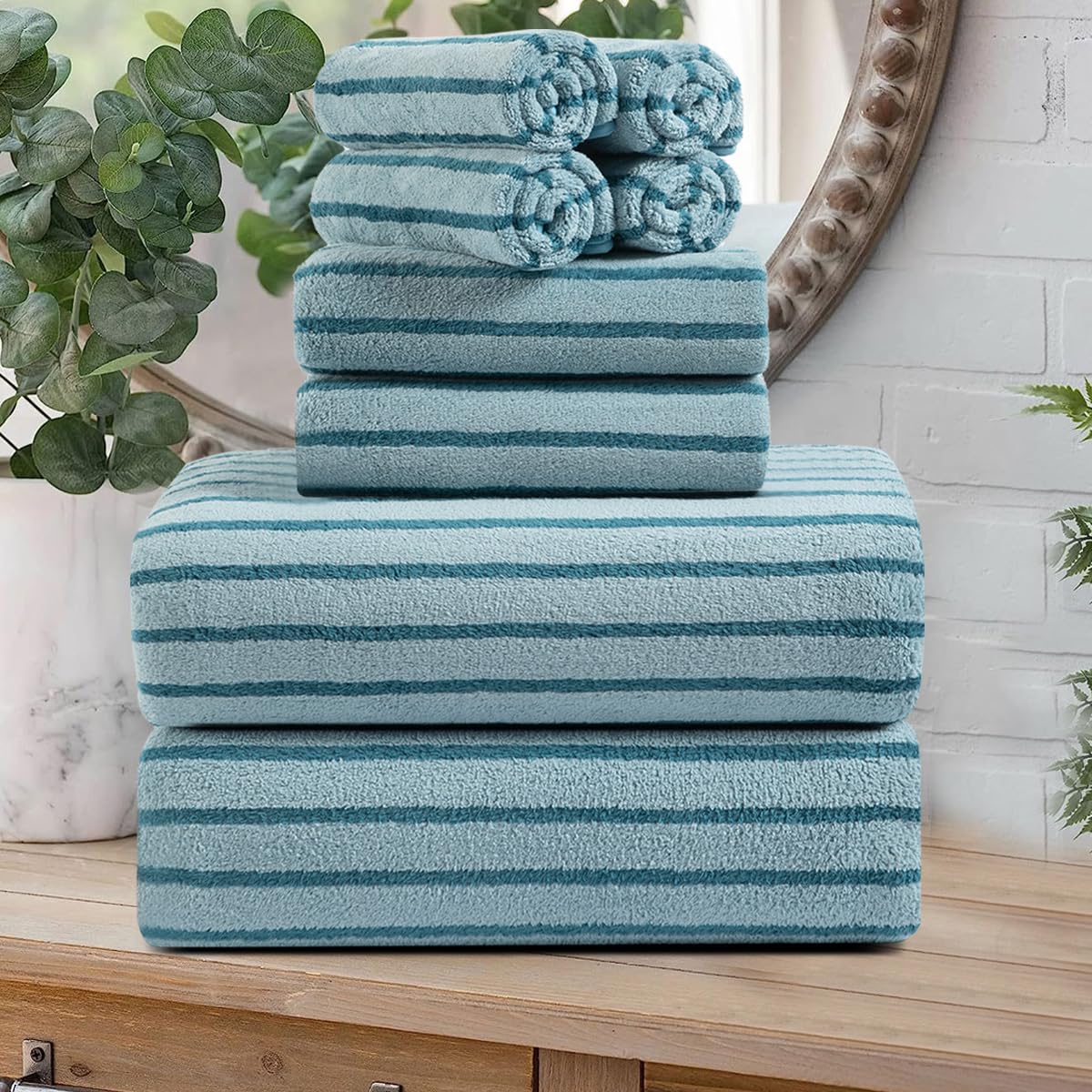 8 Pcs Brown Cabana Stripe Large Bath Towel Set-2 Bathroom Towels,2 Hand Towels,4 Washcloths Lightweight Soft Microfiber Bath Sheet Absorbent Shower Towel Quick Dry Beach Chair Spa Gym Hotel Towels