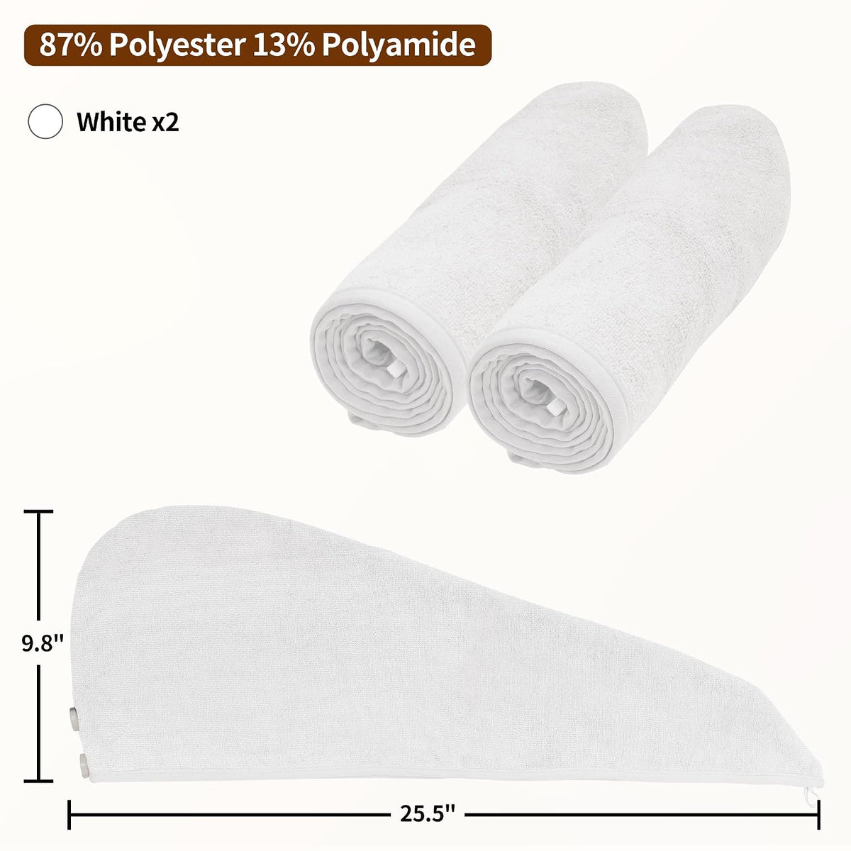 NEXCOVER Hair Towel Microfiber, 2 Pack White 9.8 inch X 25.5 inch Hair Wrap,Ultra Absorbent Hair Turbans,Fast Drying Head Towels for Women Wet Hair,Long,Curly,Thick,Frizzy Hair