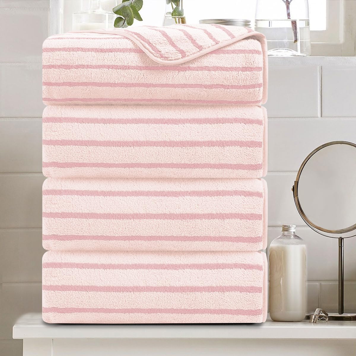 8 Pcs Brown Cabana Stripe Large Bath Towel Set-2 Bathroom Towels,2 Hand Towels,4 Washcloths Lightweight Soft Microfiber Bath Sheet Absorbent Shower Towel Quick Dry Beach Chair Spa Gym Hotel Towels