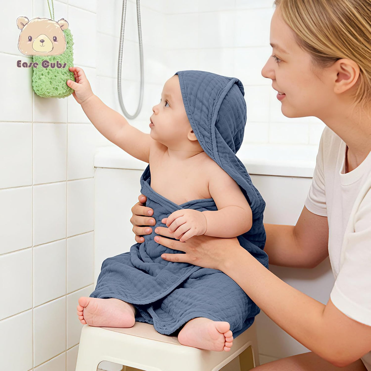 Ease Cubs 3-Pack Muslin Hooded Baby Towels, 100% Cotton, Ultra-Soft & Absorbent Baby Bath Towels with Hood for Babies, Infant, Toddler and Newbron (Grey and Navy Blue Series,32" x 32")