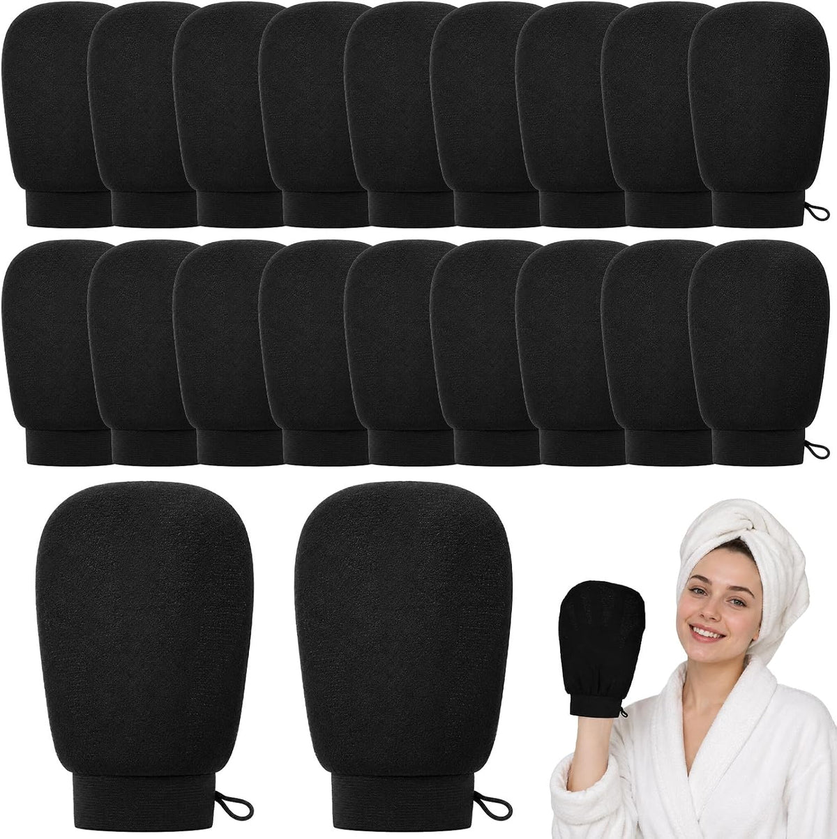 20 Pcs Exfoliating Gloves, Bulk Viscose Fiber Body Scrubber Mitts for Dead Skin Removal, Korean Style Shower Exfoliator for Men and Women, Black