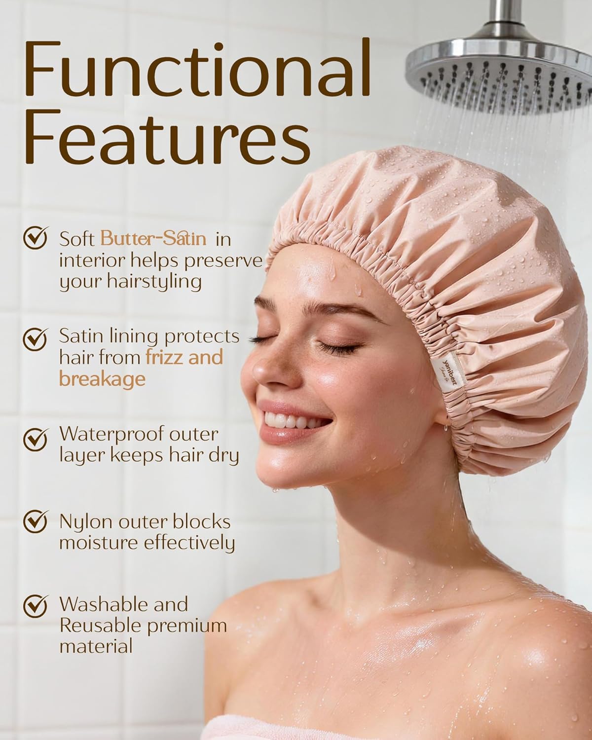 Yanibest Satin Lined Shower Cap, Reusable Waterproof Shower Caps for Women