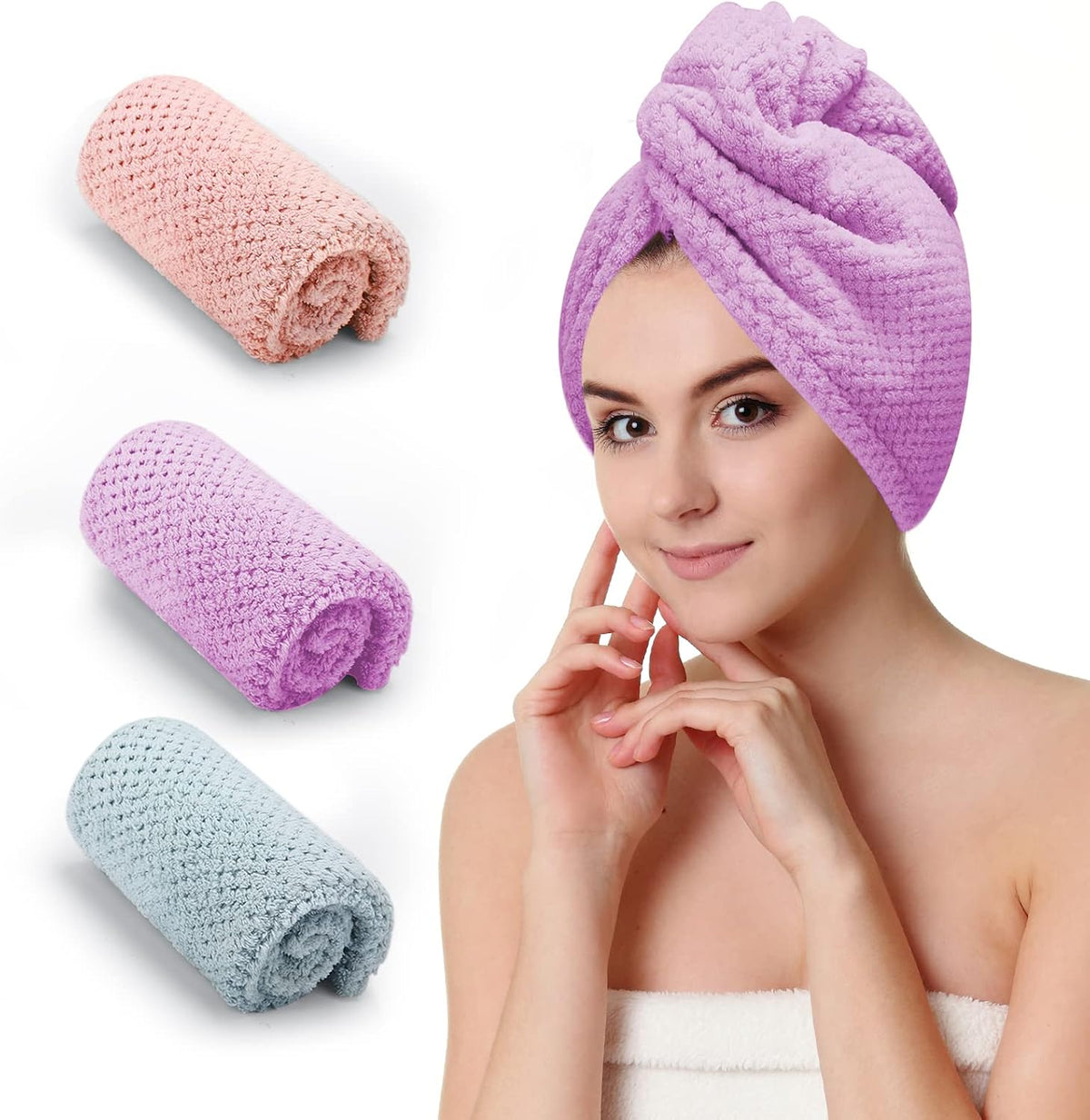 CZZXI 3 PCS Microfiber Hair Towel, Hair Wraps for Women Wet Hair, Fast Drying Hair Turban, Anti Frizz Head Towels Wrap for Curly Hair (Purple, Pink, Blue)