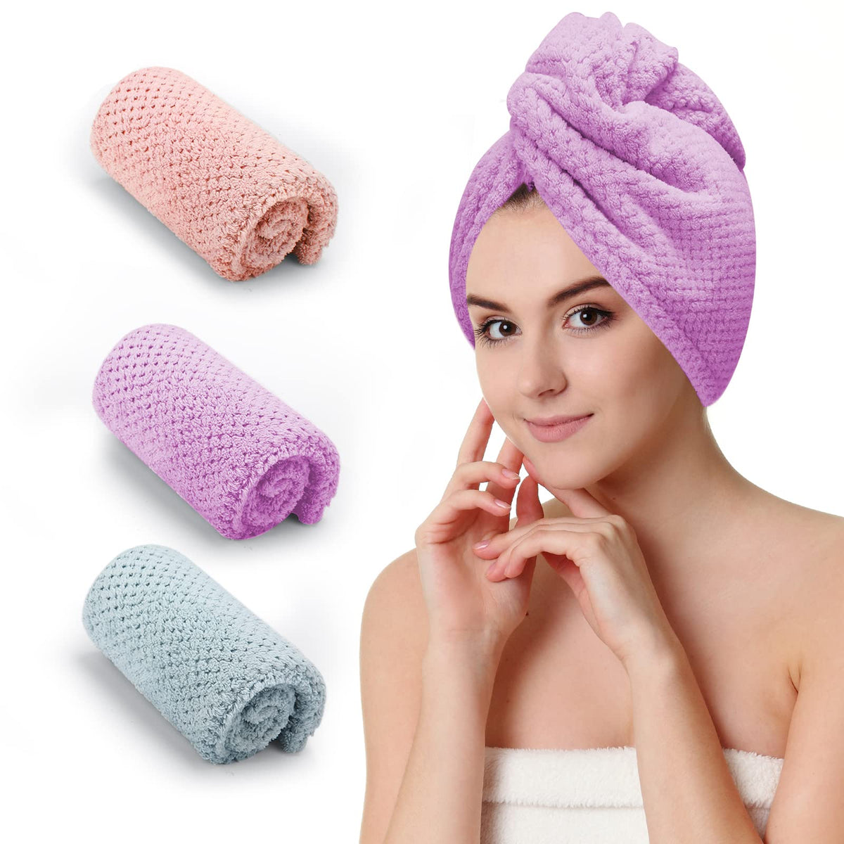 CZZXI 3 PCS Microfiber Hair Towel, Hair Wraps for Women Wet Hair, Fast Drying Hair Turban, Anti Frizz Head Towels Wrap for Curly Hair (Purple, Pink, Blue)
