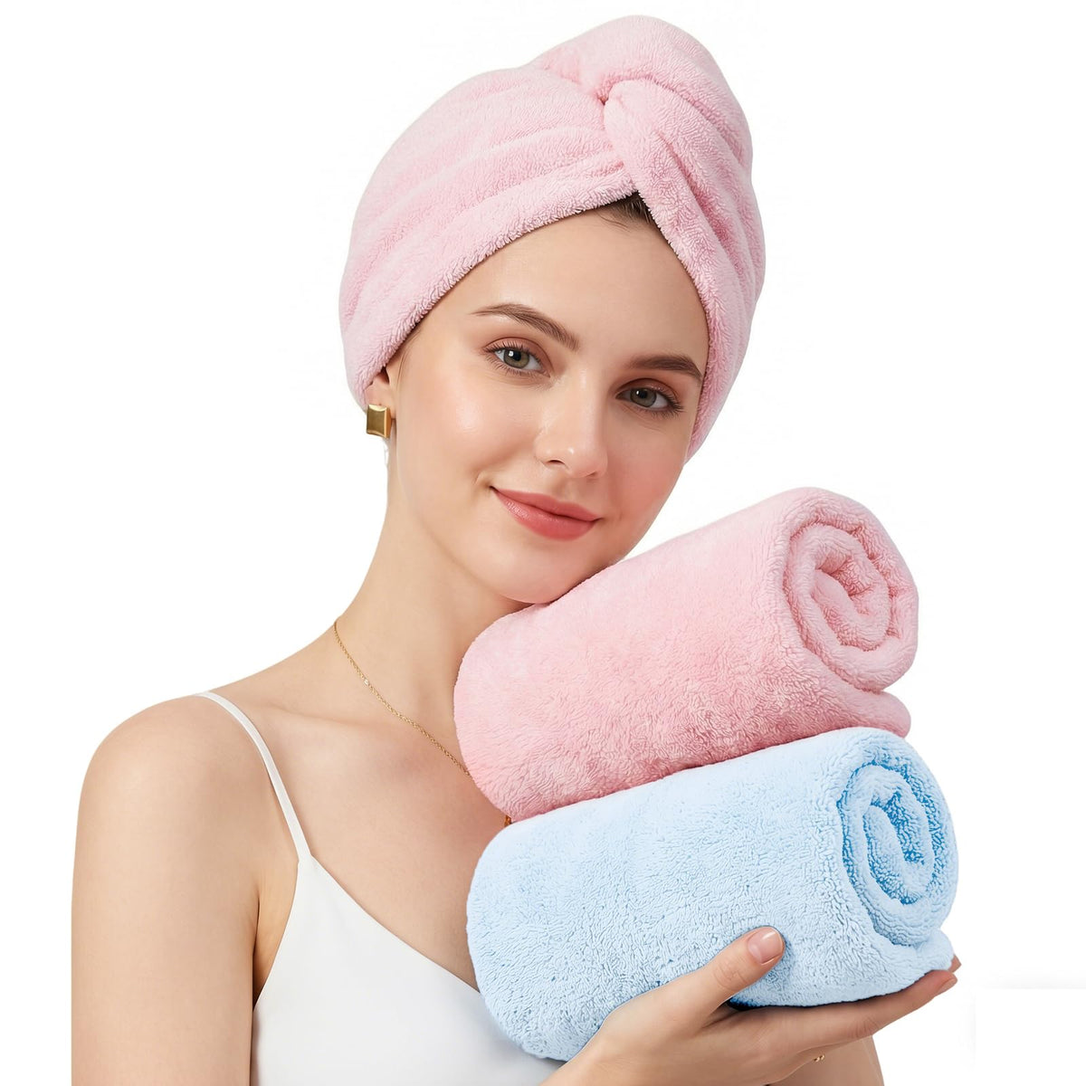 Mandydov 100% Cotton Hair Towel Wrap for Women, 2 Pack Thickened & Super Absorbent Turbans, Anti Frizz Quick Dry Hair Towels (White)
