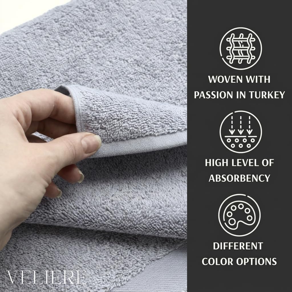 Luxury Turkish Towels Set of 6,Double Stitched 100% Cotton True 600 GSM Soft & Absorbent Towel Set, Hotel & Spa Collection, 2 Bath Towels 2 Hand Towel 2 Washcloths Towel (Gray)