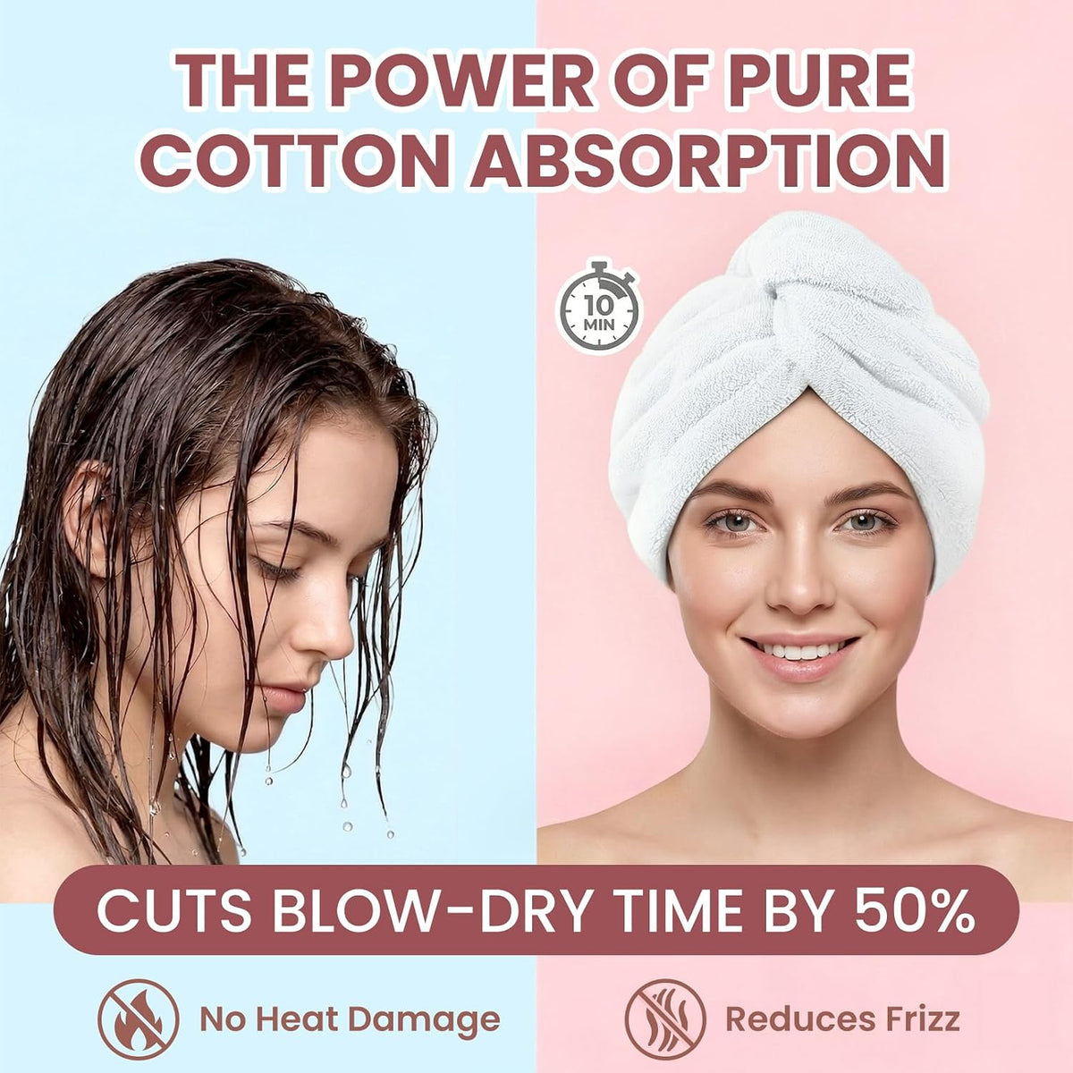 Mandydov 100% Cotton Hair Towel Wrap for Women, 2 Pack Thickened & Super Absorbent Turbans, Anti Frizz Quick Dry Hair Towels (White)