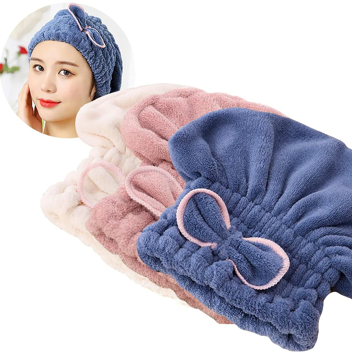Jseng 2PC Microfiber Hair Drying Caps Stripe, Extreme Soft & Ultra Absorbent, Fast Drying Turban Hair Wrap Towels Thick Fluffy for Women