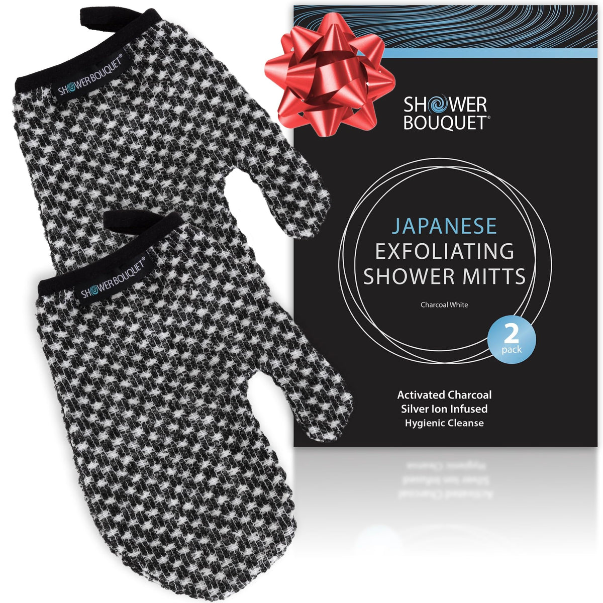 SHOWER BOUQUET Japanese Exfoliating Mitt for Shower, Charcoal & Silver Ion