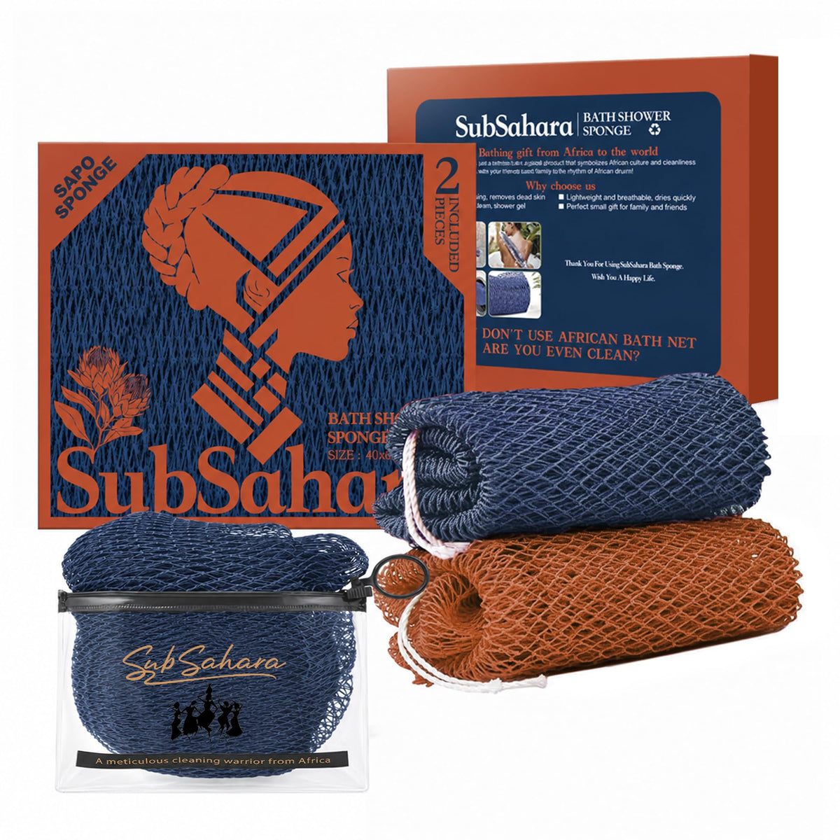 SubSahara African Net Sponge, 2 Pack 45-Inch Exfoliating Body Scrubber