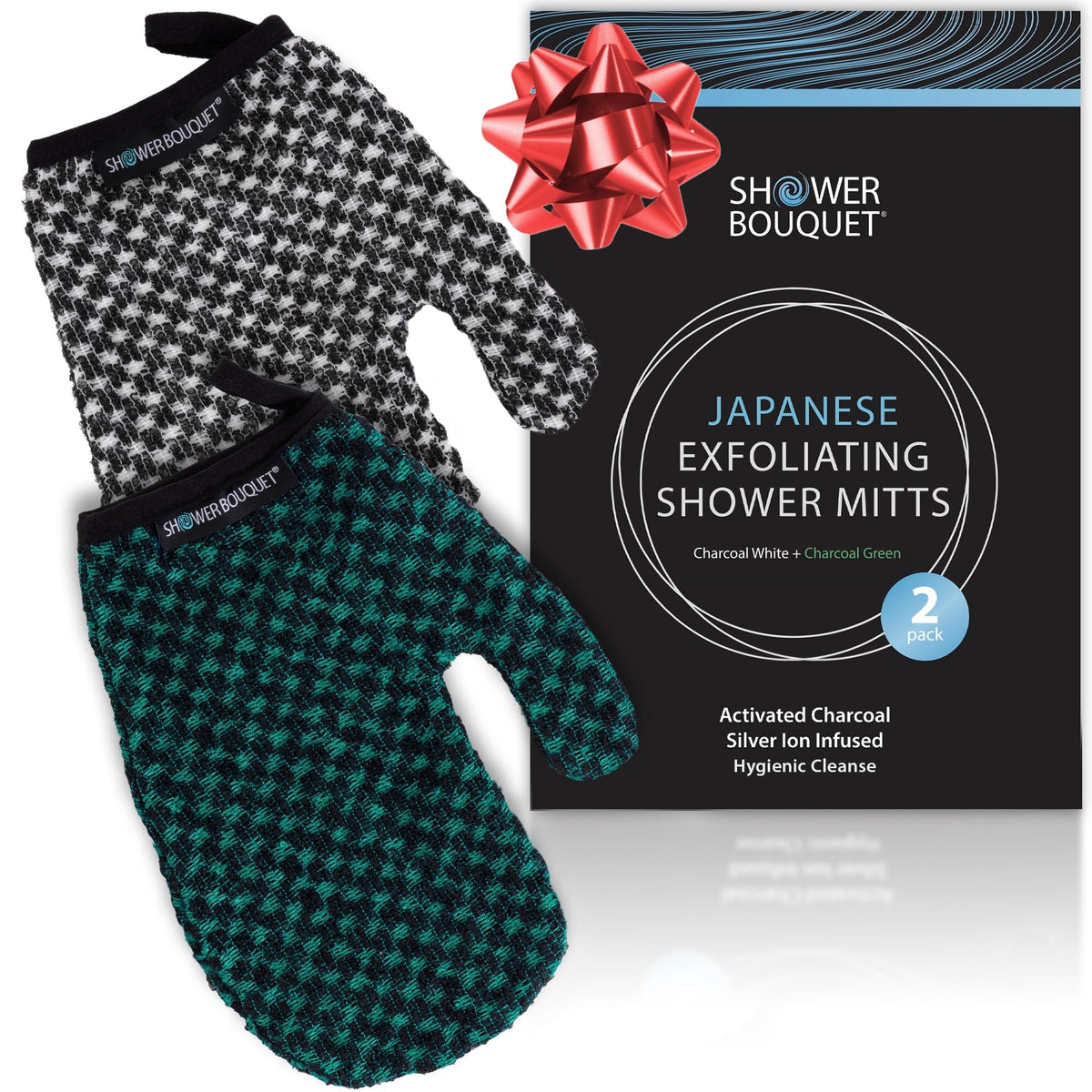 SHOWER BOUQUET Japanese Exfoliating Mitt for Shower, Charcoal & Silver Ion