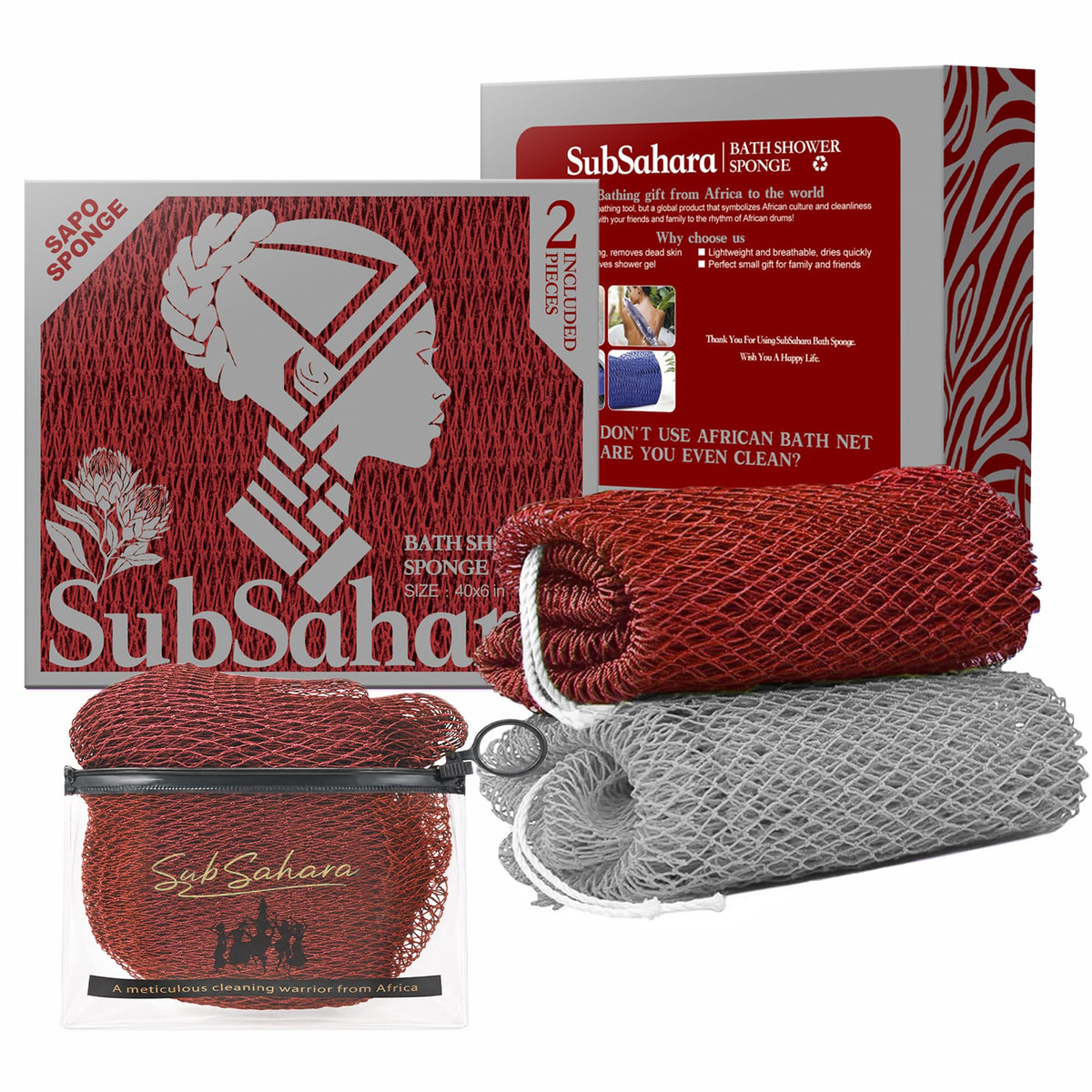 SubSahara African Net Sponge, 2 Pack 45-Inch Exfoliating Body Scrubber