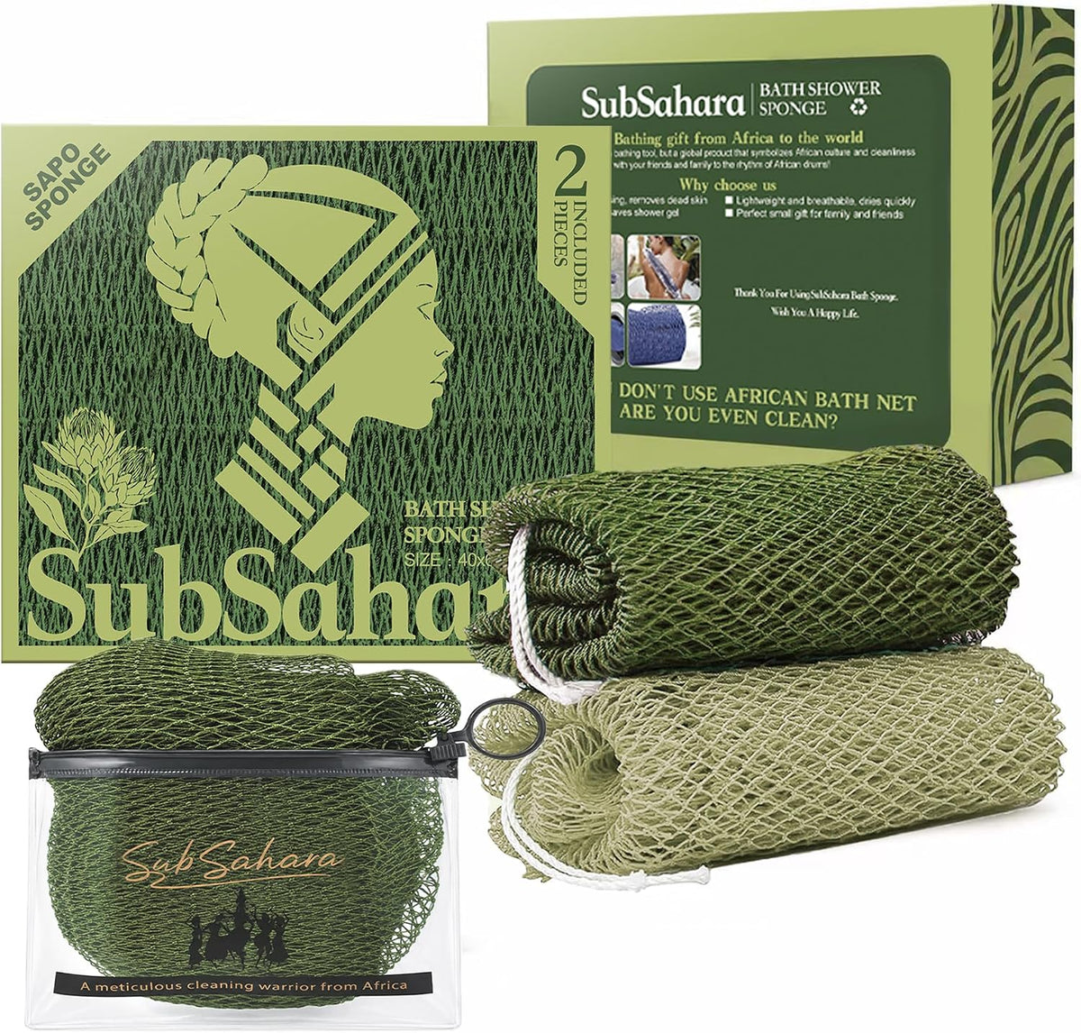 SubSahara African Net Sponge, 2 Pack 45-Inch Exfoliating Body Scrubber