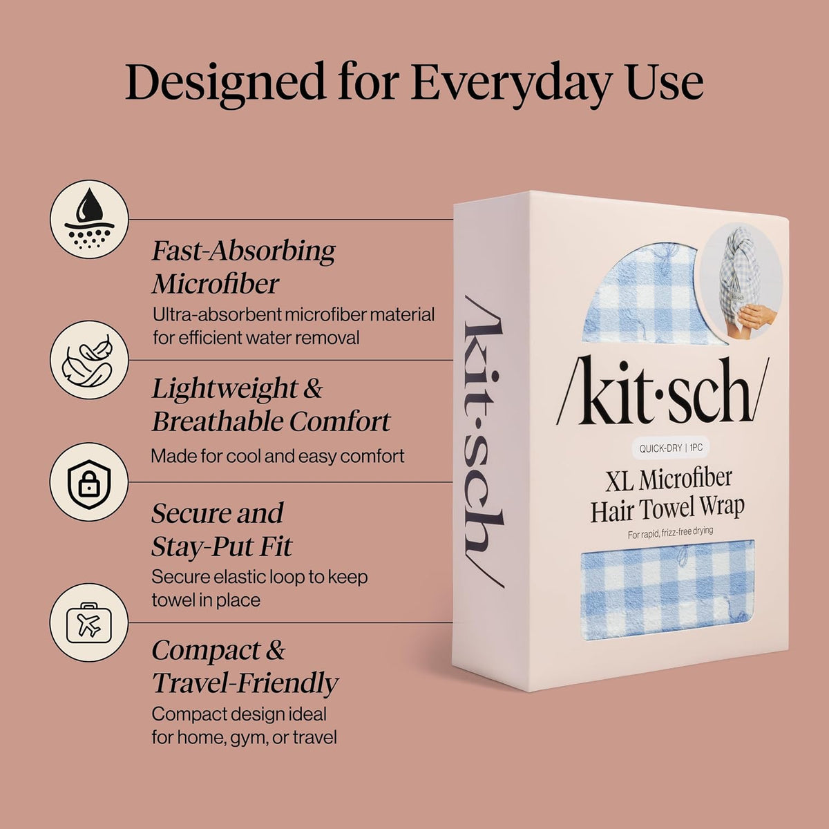 Kitsch XL Microfiber Hair Towel Wrap for Women - Gingham Blue