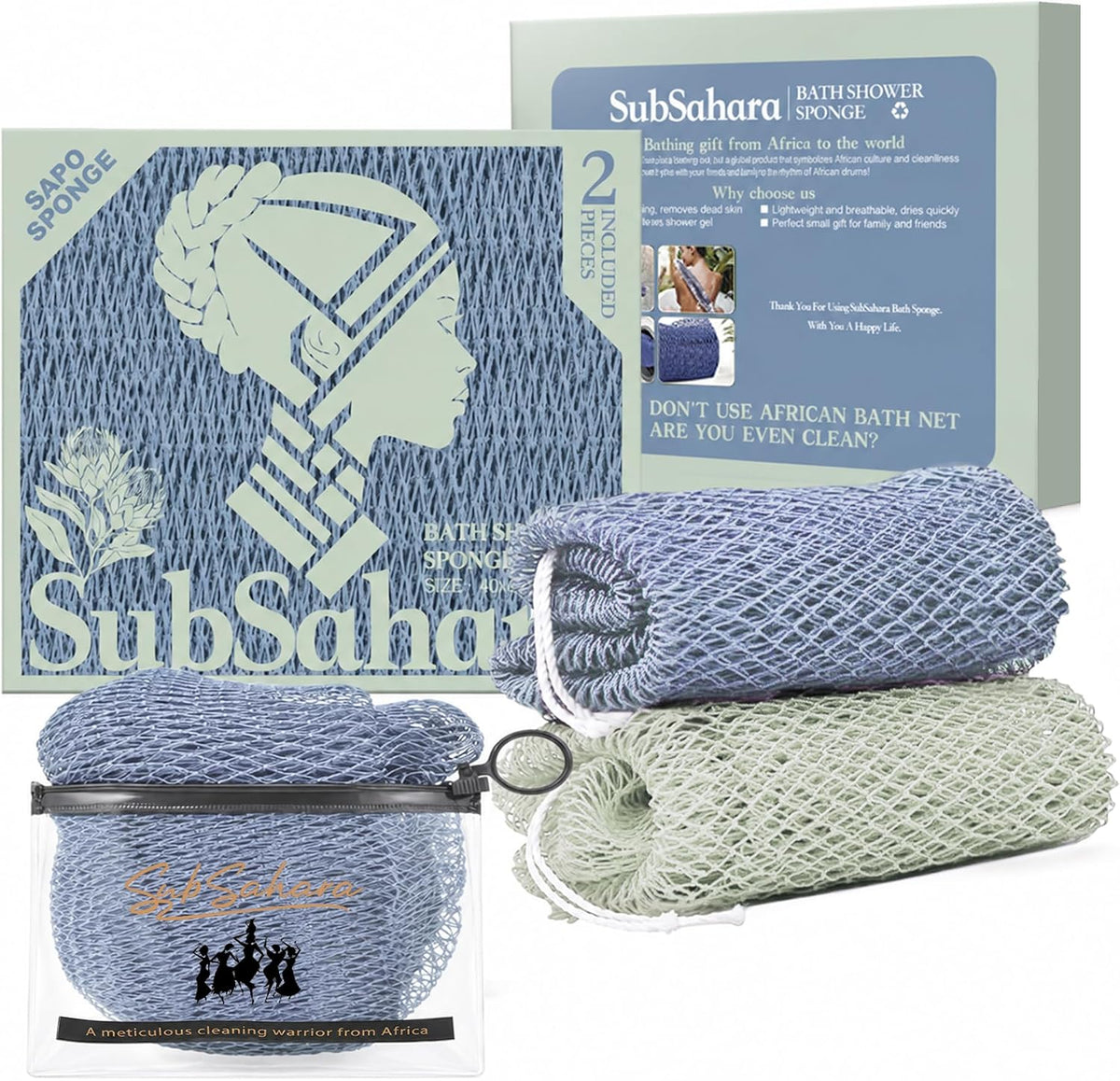 SubSahara African Net Sponge, 2 Pack 45-Inch Exfoliating Body Scrubber