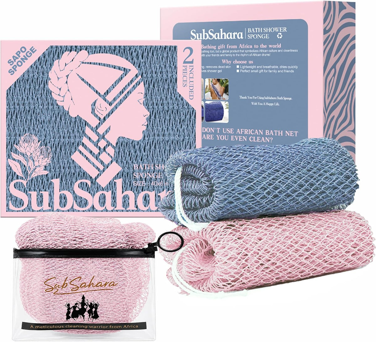 SubSahara African Net Sponge, 2 Pack 45-Inch Exfoliating Body Scrubber