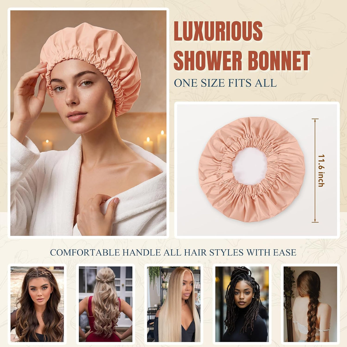 Shower Cap for Women, Reusable Waterproof Long Hair Bonnet