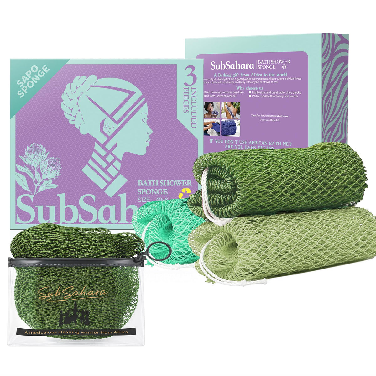 SubSahara African Net Sponge, 2 Pack 45-Inch Exfoliating Body Scrubber