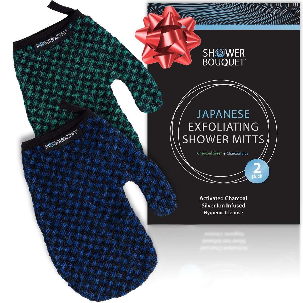 SHOWER BOUQUET Japanese Exfoliating Mitt for Shower, Charcoal & Silver Ion