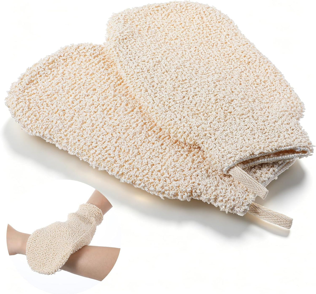 2Pcs Natural Bath Gloves, Exfoliate Glove Shower Mitt for Women Men, Soft Loofah Gloves Mitts Washcloth, Fiber Exfoliating Mitt for Body Scrub and Cleansing