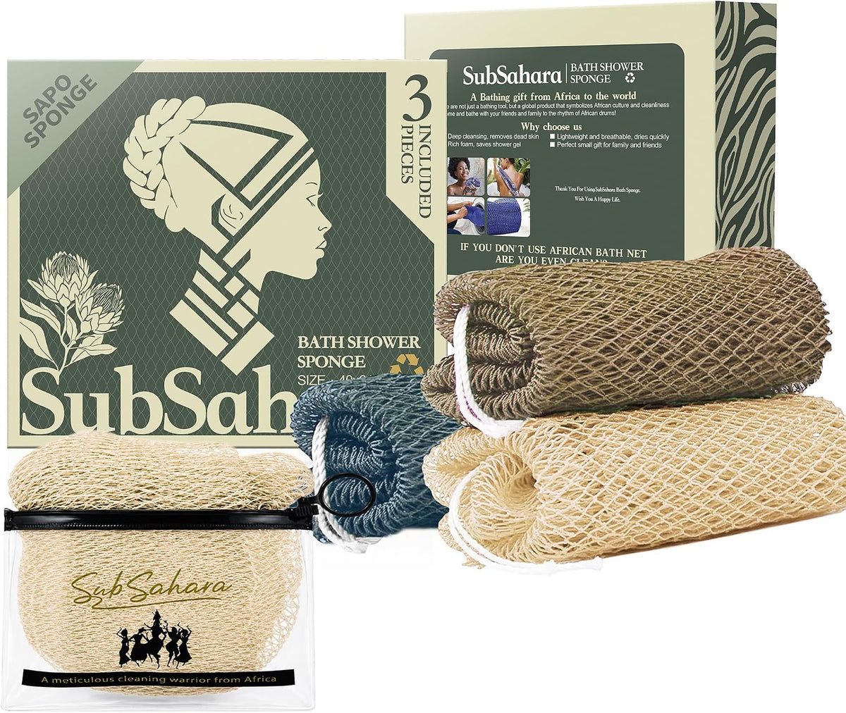 SubSahara African Net Sponge, 2 Pack 45-Inch Exfoliating Body Scrubber