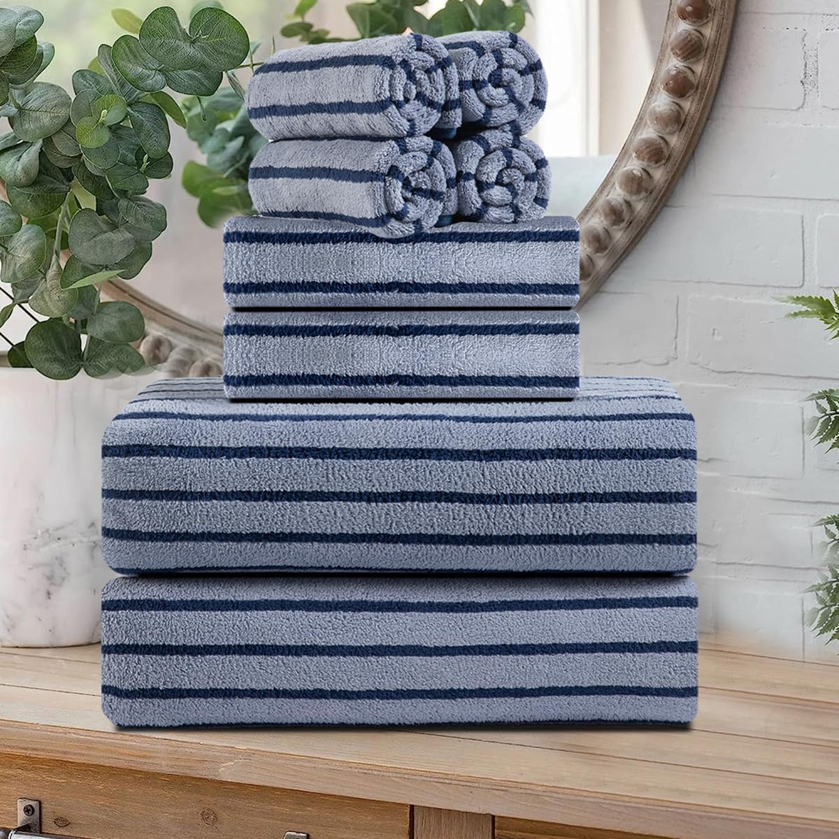 8 Pcs Brown Cabana Stripe Large Bath Towel Set-2 Bathroom Towels,2 Hand Towels,4 Washcloths Lightweight Soft Microfiber Bath Sheet Absorbent Shower Towel Quick Dry Beach Chair Spa Gym Hotel Towels