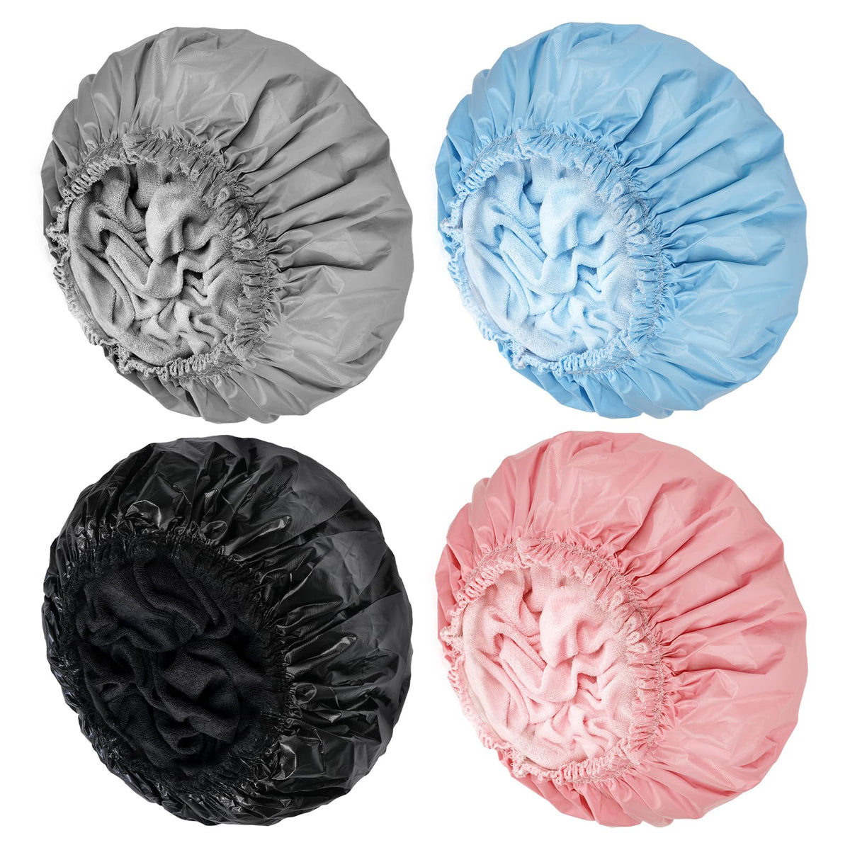 Terry Lined Shower Caps for Women, 4 PCS Cloth Bath Caps Waterproof