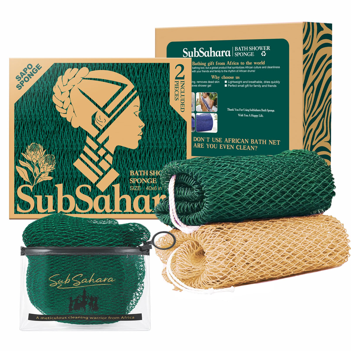 SubSahara African Net Sponge, 2 Pack 45-Inch Exfoliating Body Scrubber