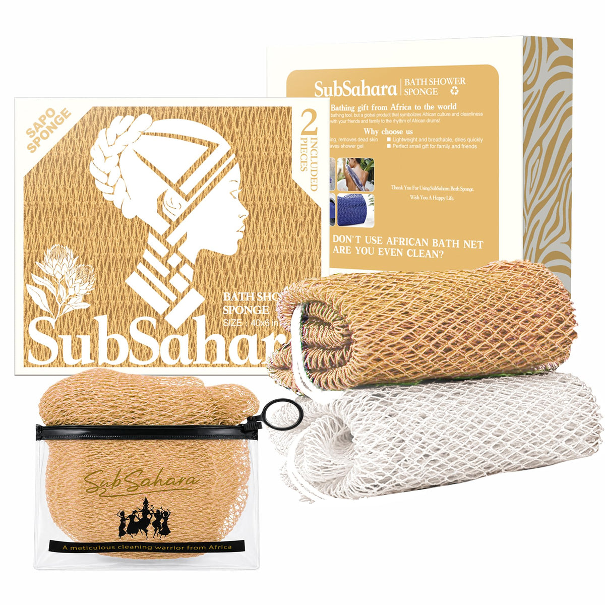 SubSahara African Net Sponge, 2 Pack 45-Inch Exfoliating Body Scrubber