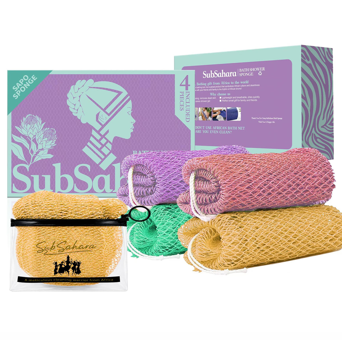 SubSahara African Net Sponge, 2 Pack 45-Inch Exfoliating Body Scrubber