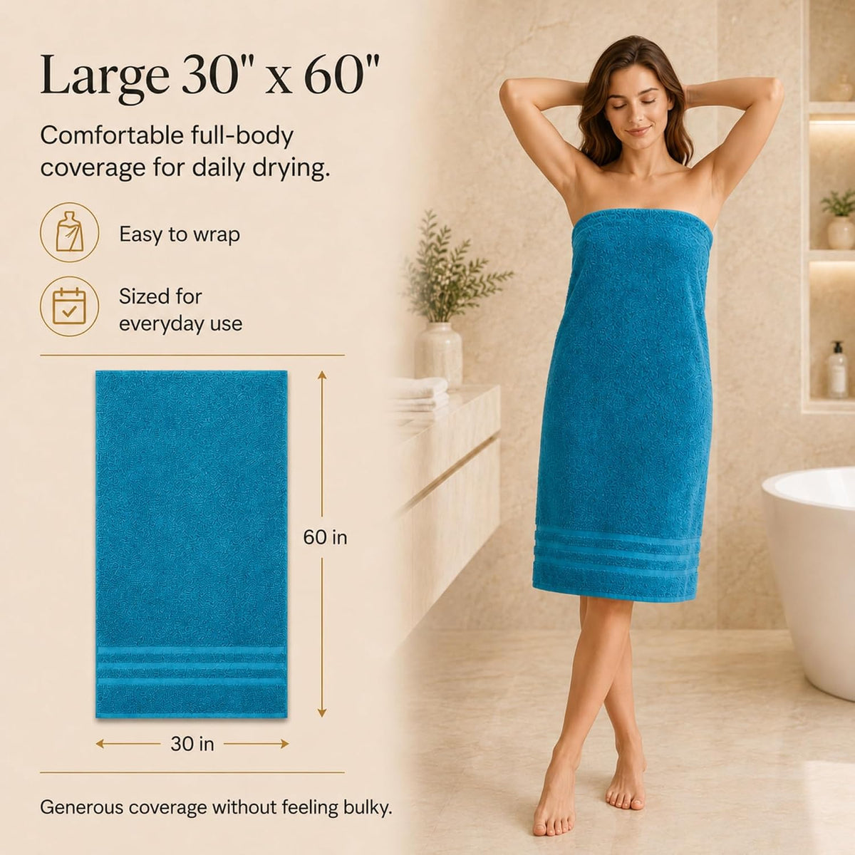 Velqora Large 100% Cotton Bath Towels 2 Pack, 30x60 in, Blue